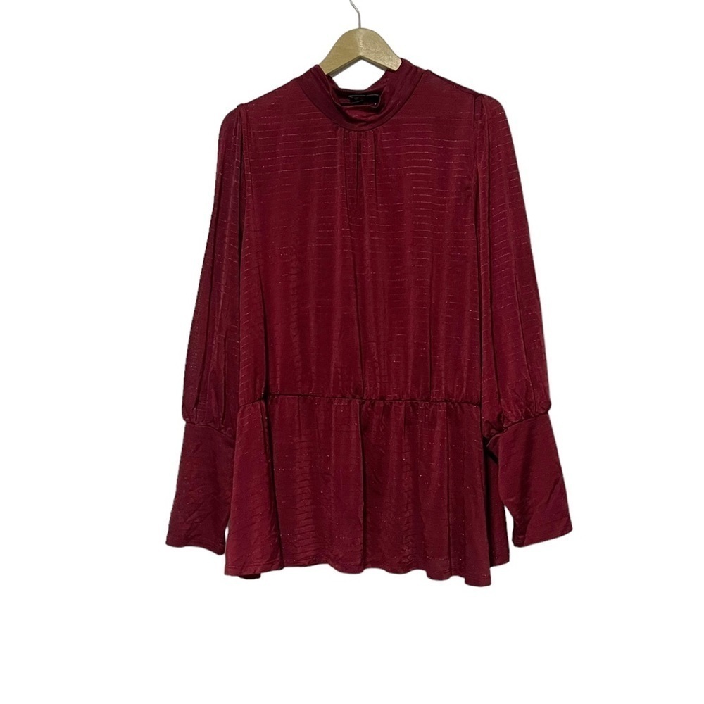 Lane Bryant‎ Maroon Metallic Stripe Long Sleeve Peplum Top Size 26/28